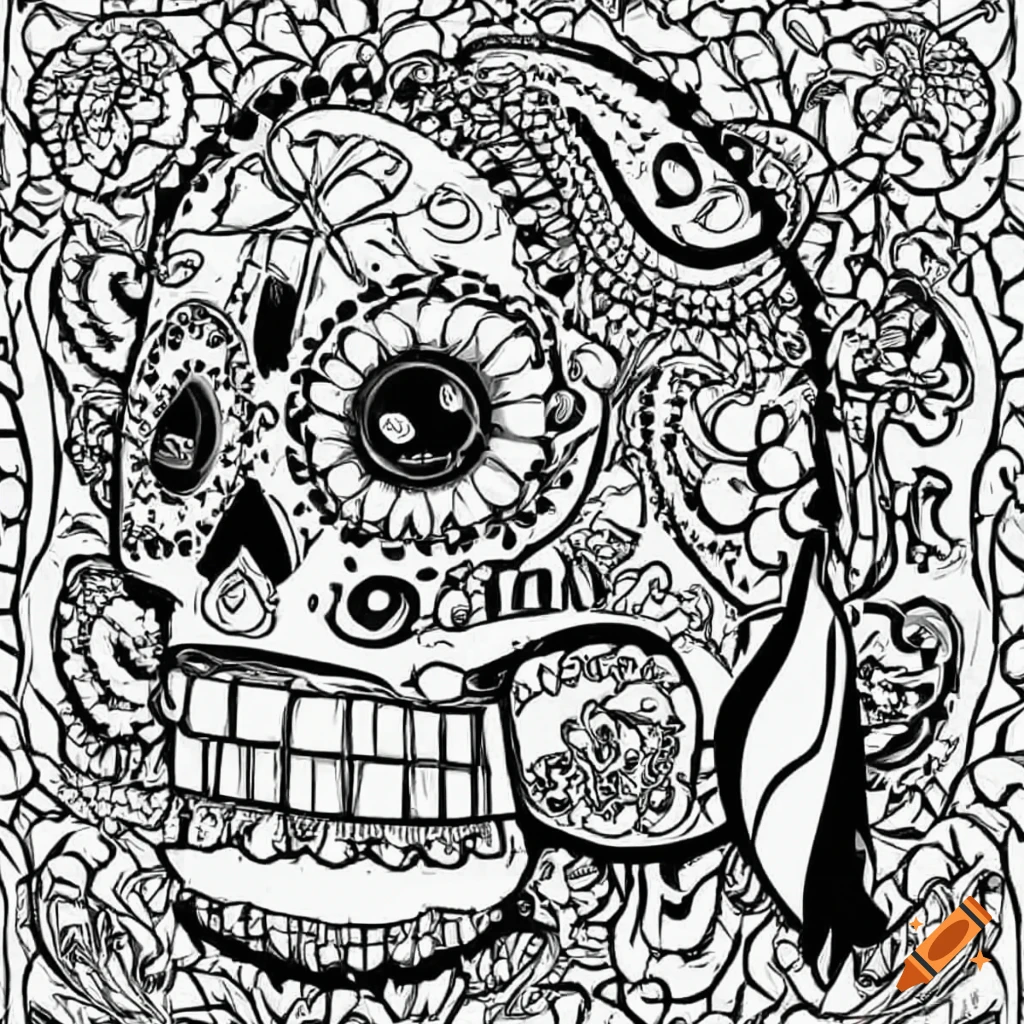 Coloring book page for kids dios de los muertos no shading low detail cartoon style black and white on