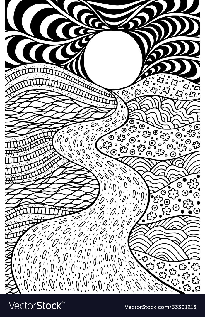 Psychedelic landscape coloring page for adults vector image