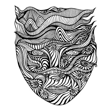 Black and white psychedelic face of crazy patterns coloring page fantastic art with ornamental antropomorphic person surreal doodle card trippy cartoon maze ornament background vector hand drawn illustration ù ùùø øªøµù ùù ù