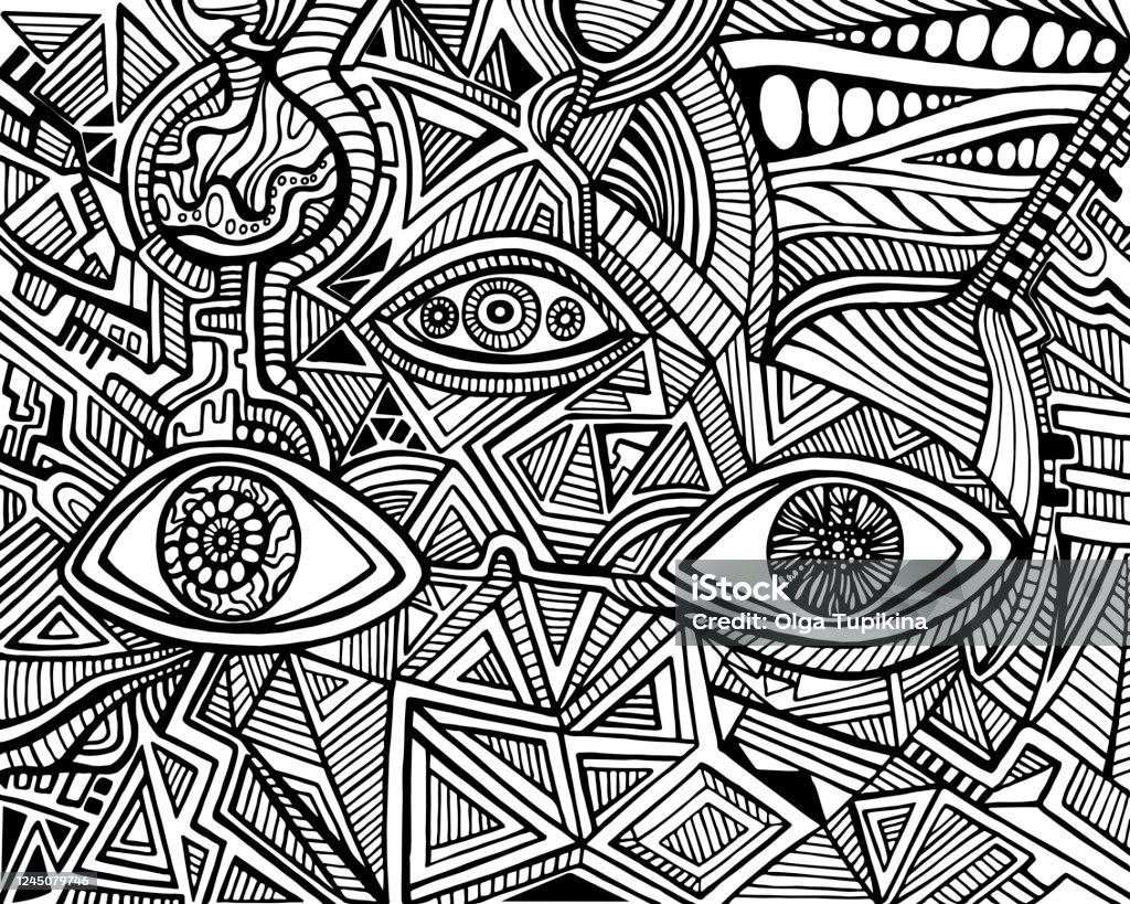 Black and white psychedelic eyes of crazy patterns coloring page stock illustration