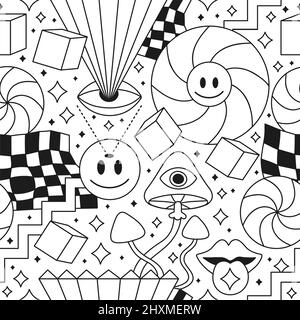 Trippy psychedelic geometry coloring page seamless patternvector crazy cartoon character illustrationsmile groovy facesacidtrippycells seamless pattern wallpapercoloring book print concept stock vector image art