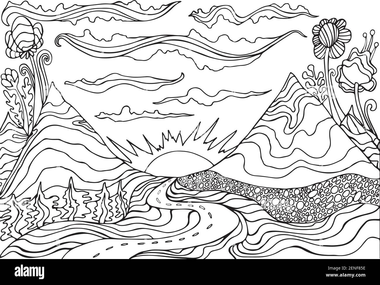 Creative coloring page fantasy with a mountain landscapecloudssun and the road leading into the sunset cartoon doodle style fantastic psychedelic stock vector image art