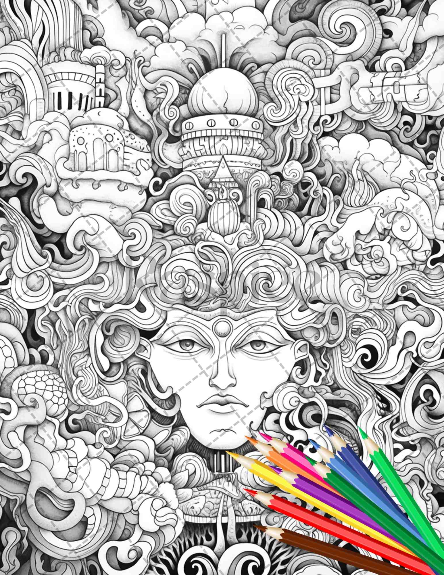 Psychedelic trippy coloring book printable for adults grayscale color â coloring