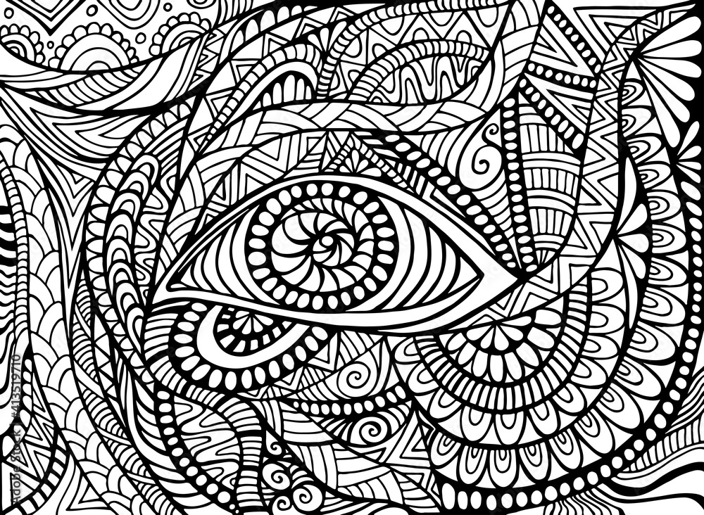 Shamanic eye psychedelic trippy coloring page for adult with bizarre ornaments fantastic background vector