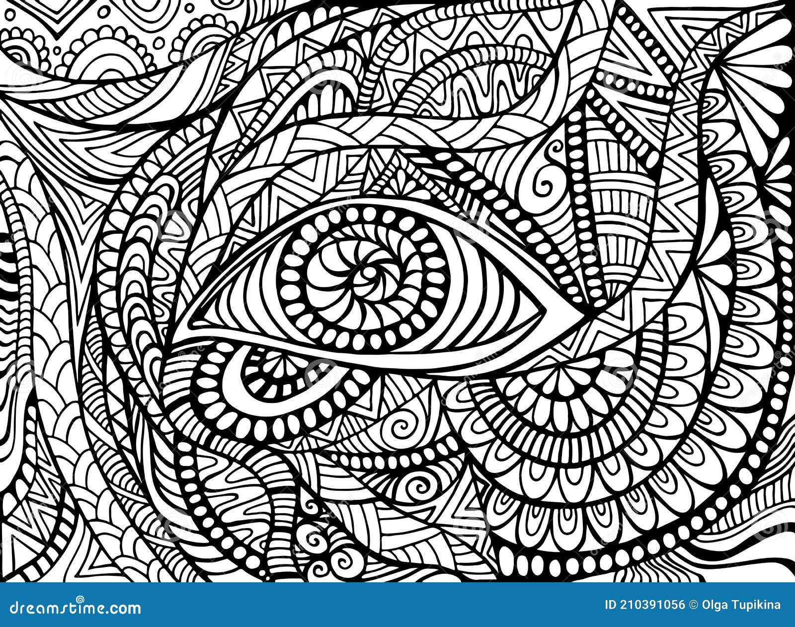 Shamanic eye psychedelic trippy coloring page for adult with bizarre ornaments fantastic background stock vector