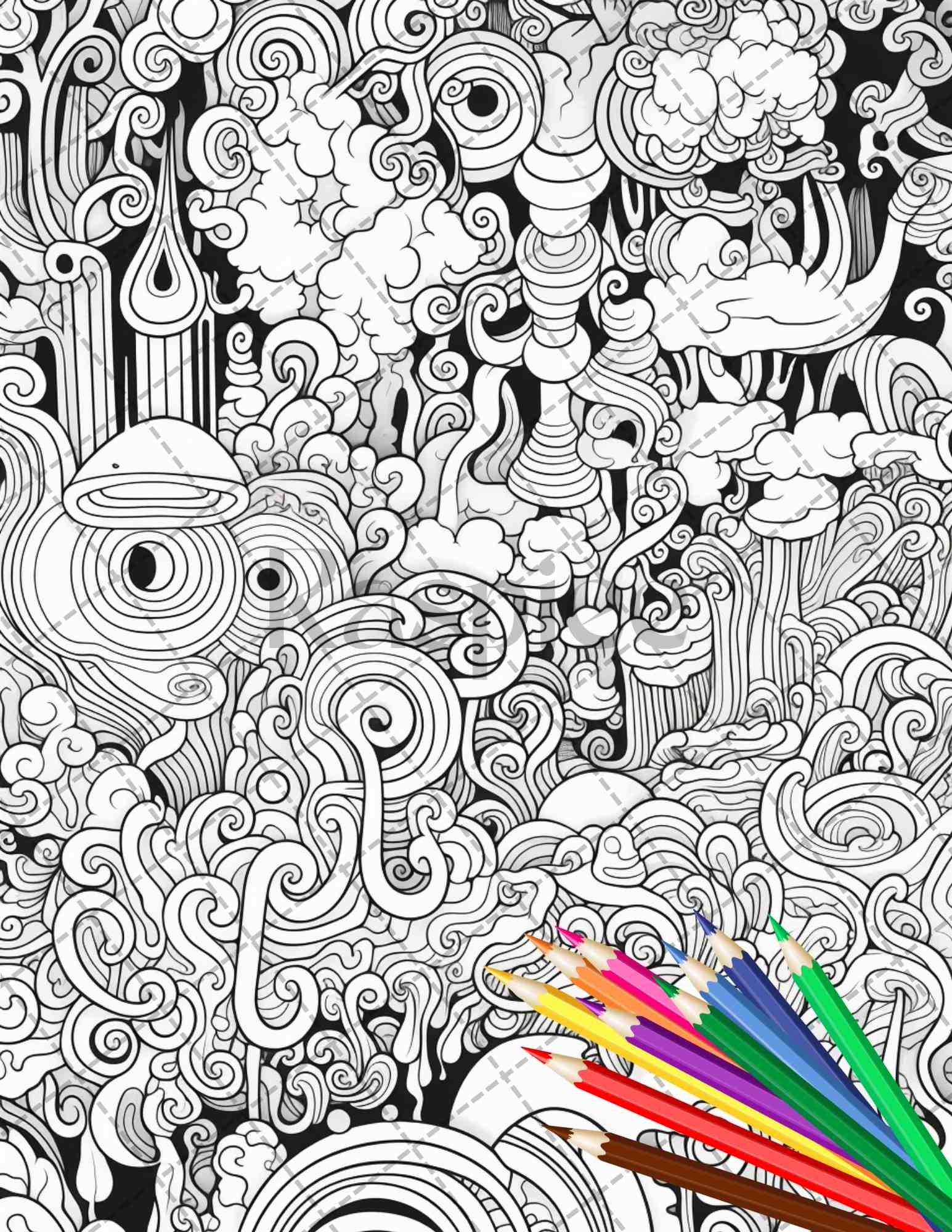 Psychedelic trippy coloring book printable for adults grayscale color â coloring