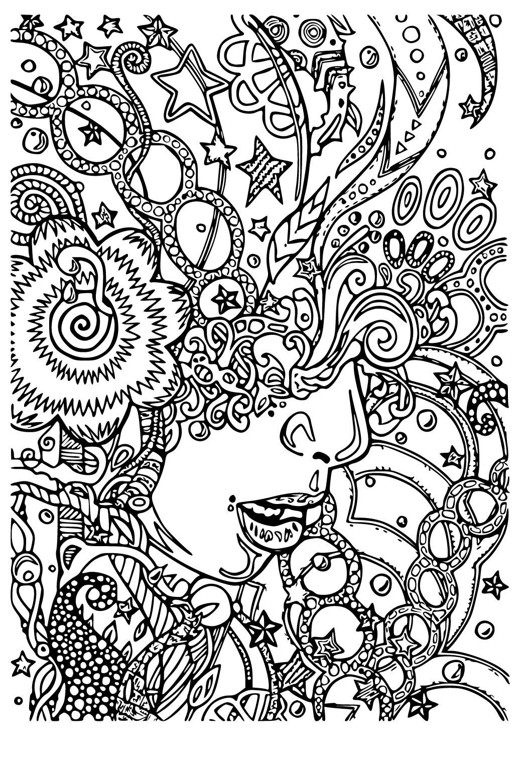 Free printable psychedelic face coloring page for adults and kids