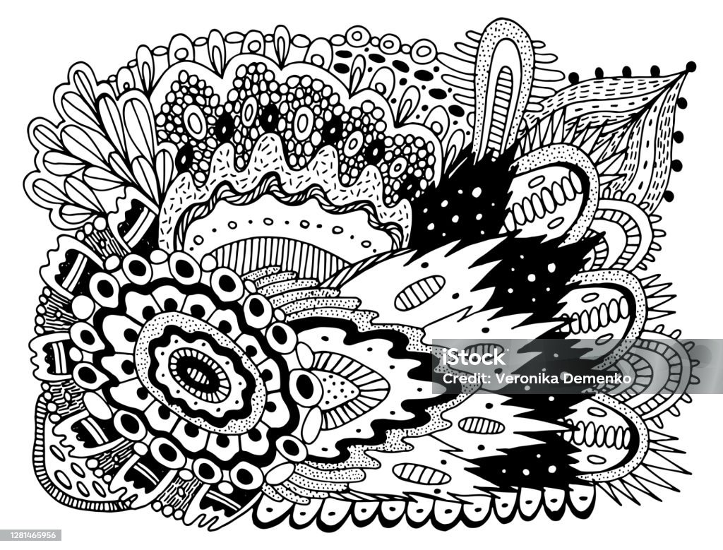 Trippy doodle pattern for coloring book for adults coloring page with floral motifs psychedelic texture zentangle pattern vector illustration stock illustration