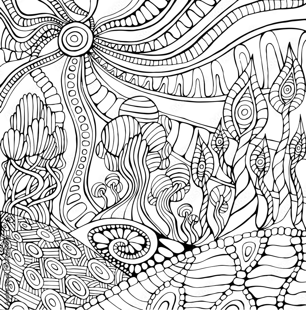 Doodle surreal landscape coloring page for adults fantastic psychedelic graphic artwork vector