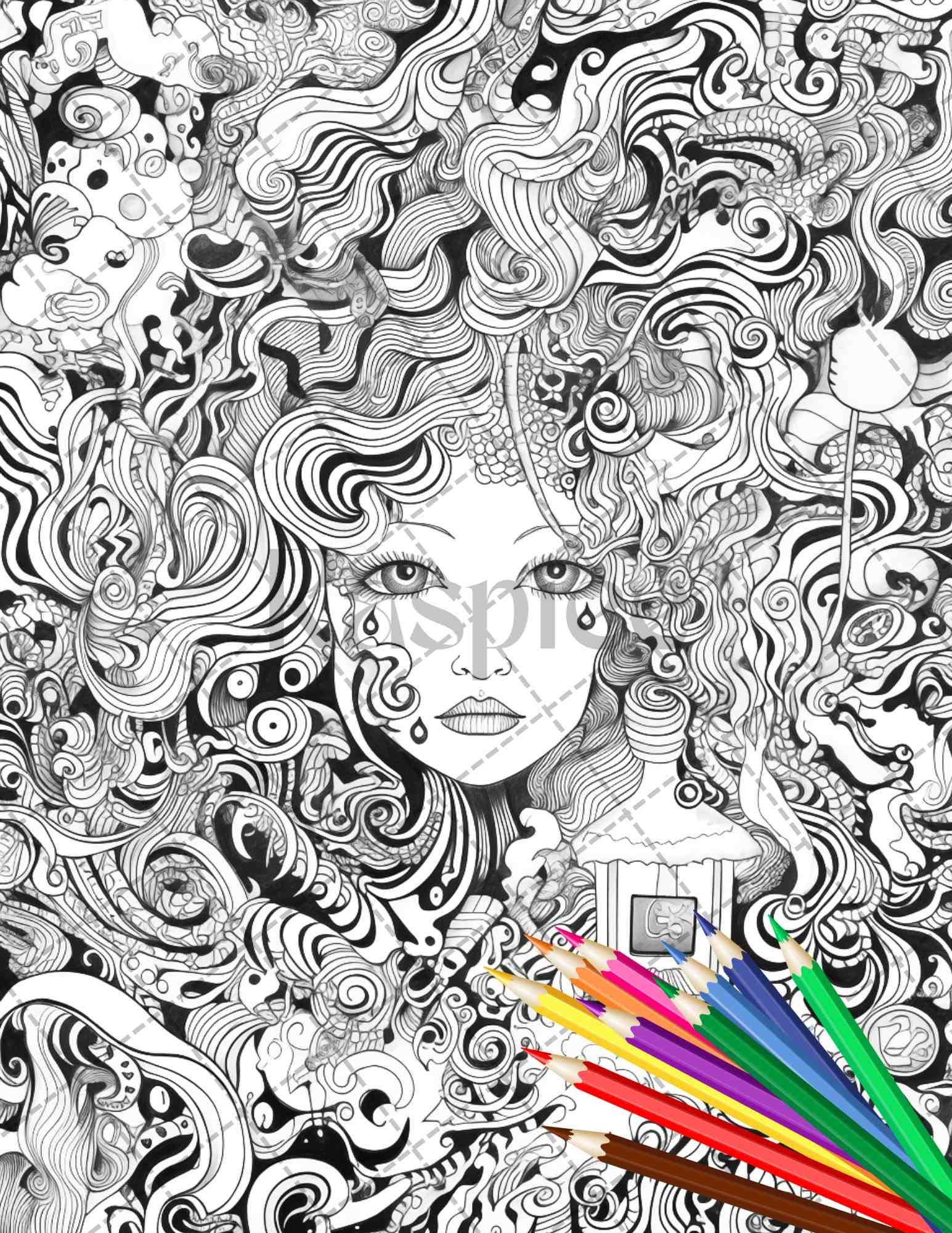 Psychedelic trippy coloring book printable for adults grayscale color â coloring