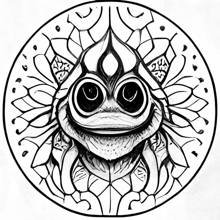 Black and white trippy psychedelic frog face coloring page for adults printable outlined art intricate details crisp line intricate details illustration geometric patterns highly detailed mandala