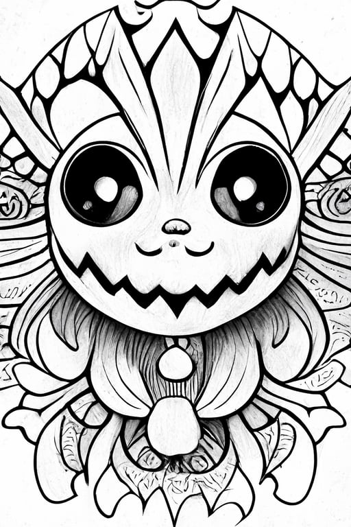 Black and white psychedelic halloween horror chibi kawaii coloring page for adultskawaii printable outlined art festive intricate details crisp lines highly detailed