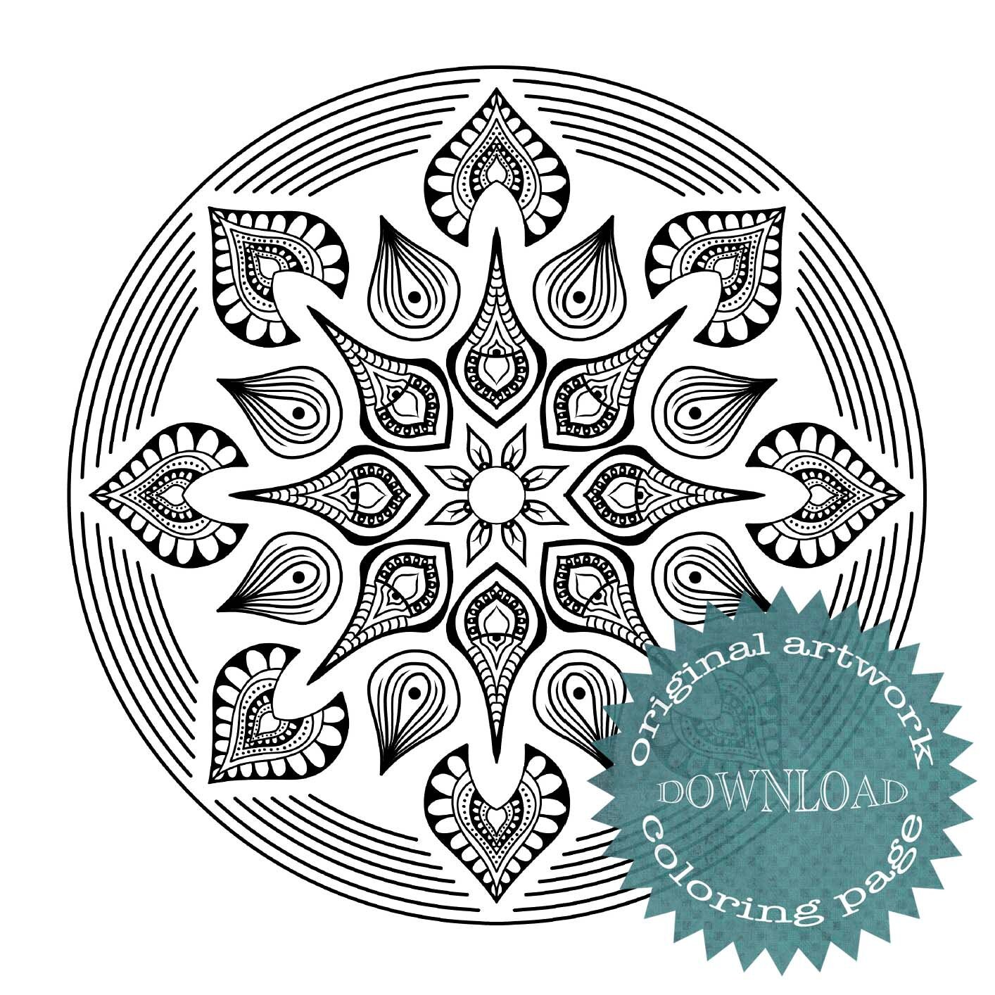 Unique hand drawn mandala coloring page nature inspired flower paisley leaves psychedelic art trippy eight point design unwind stress