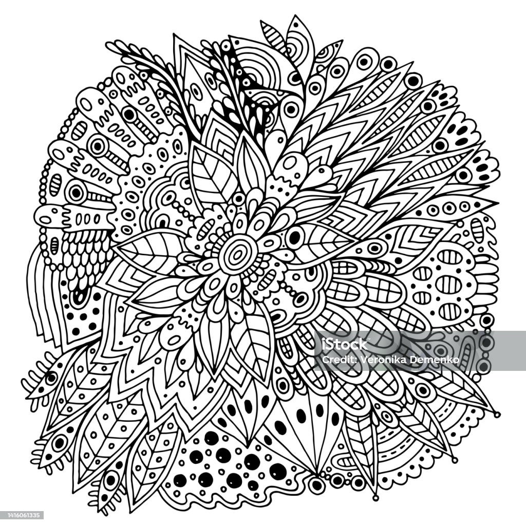 Floral mandala with flowers and leaves doodle line art coloring page for adults abstract detailed trippy pattern psychedelic art vector artwork stock illustration