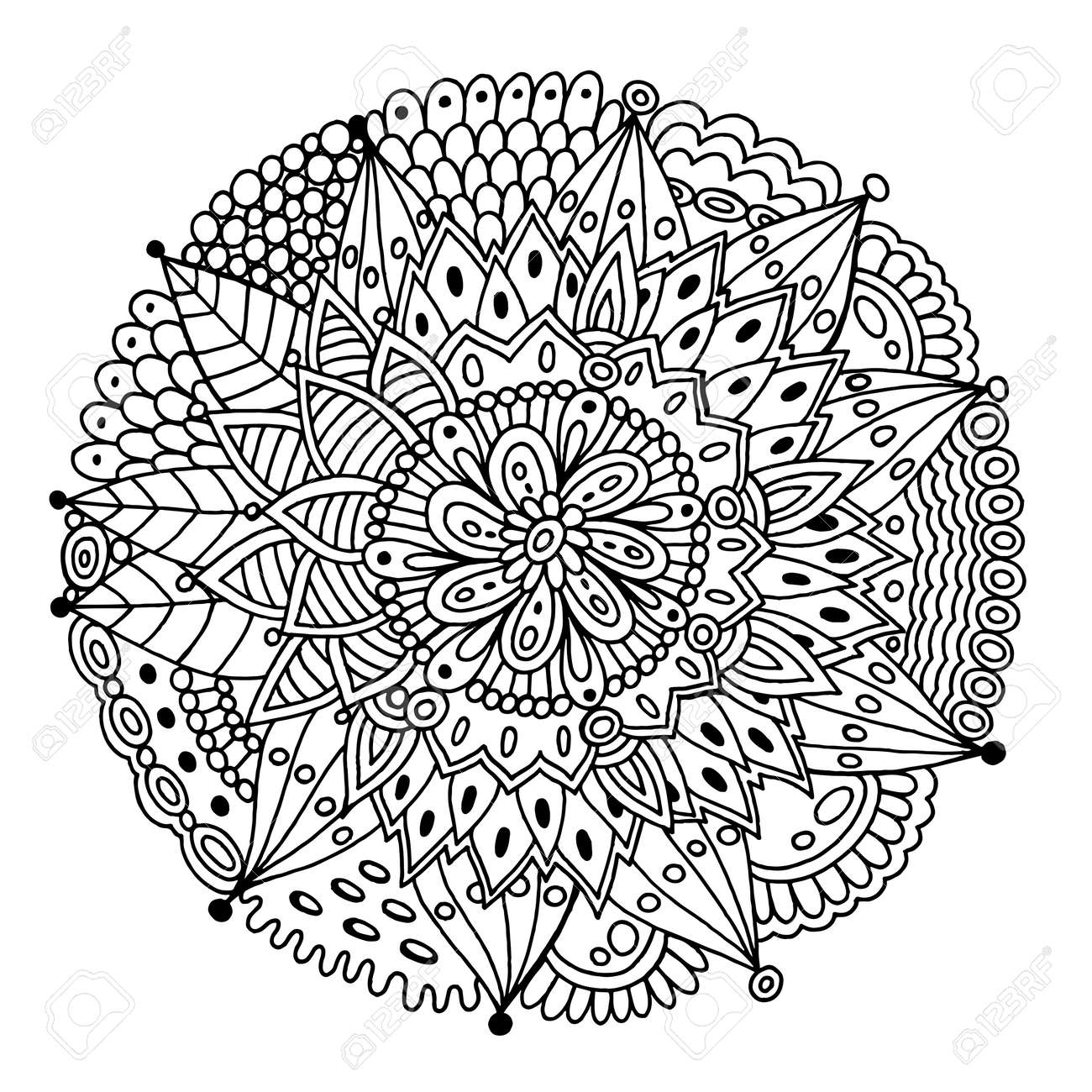 Flower mandala with flowers and leaves doodle floral coloring page for adults abstract trippy pattern psychedelic art vector artwork royalty free svg cliparts vectors and stock illustration image