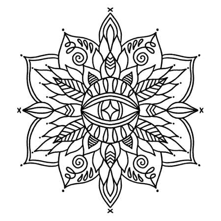 Trippy magic black mandala tattoo with human eyes vector illustration cosmogony psychedelic lucidity concept hippie party rave trance music festival distressed groovy funky style print clipart perfect for coloring page tattoo and