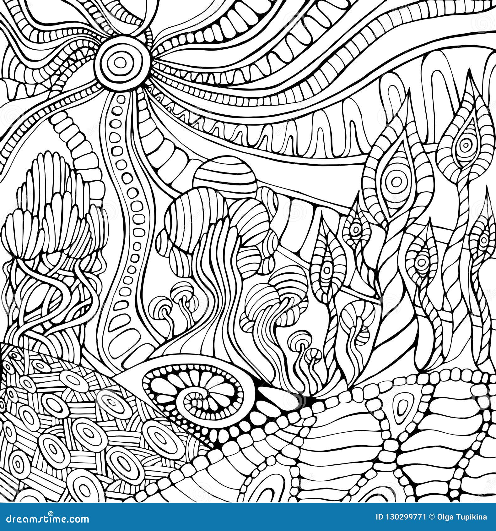 Doodle surreal landscape coloring page for adults fantastic psychedelic graphic artwork stock vector