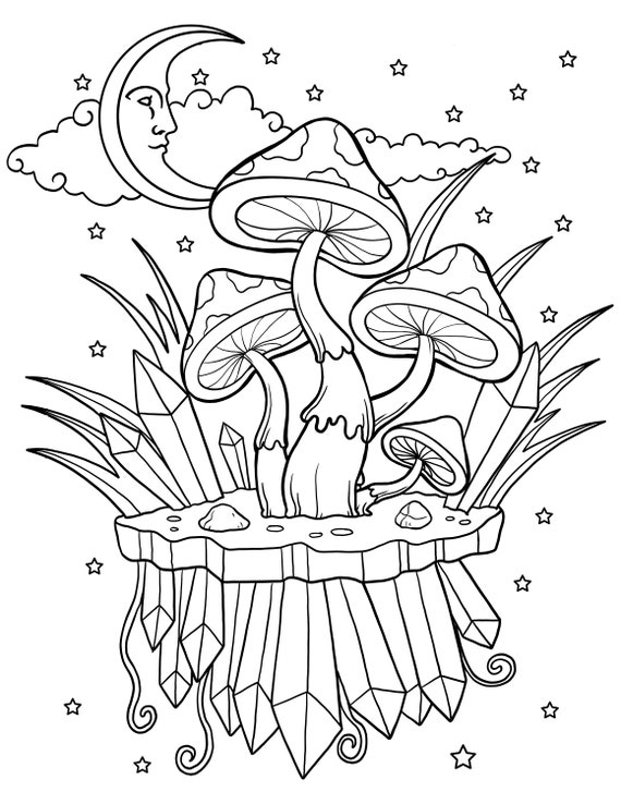 Mushroom and crystals magic mushroom printable coloring pages digital download trippy coloring book