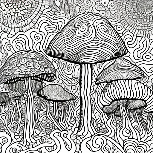 Openjourney prompt trippy mushrooms coloring page