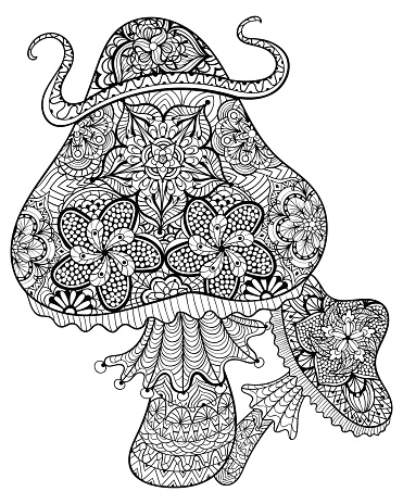 Hand drawn magic mushrooms for adult anti stress coloring page stock illustration