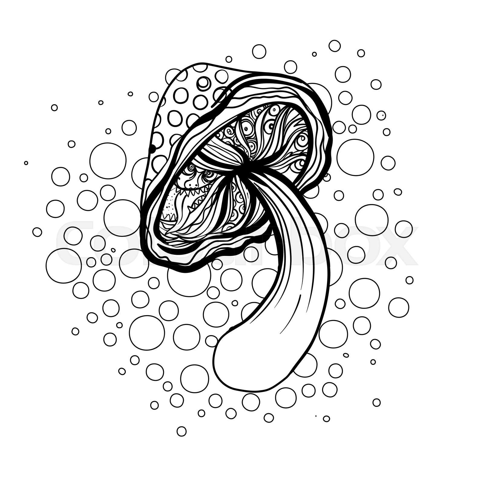 Magic mushrooms psychedelic hallucination outline vector illustration isolated on white coloring book for kids and adults stock vector