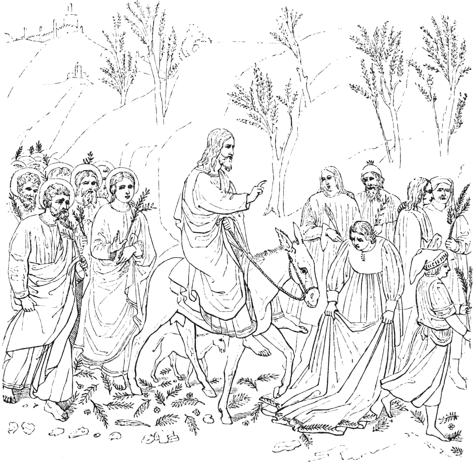 Jesus on the donkey riding toward jerusalem triumphal entry