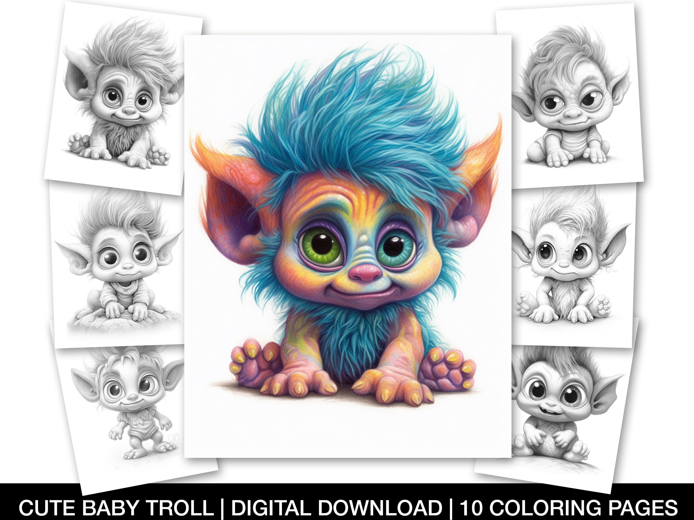 Cute troll baby digital coloring pages adults and kids colouring books instant download grayscale coloring page printable coloring book