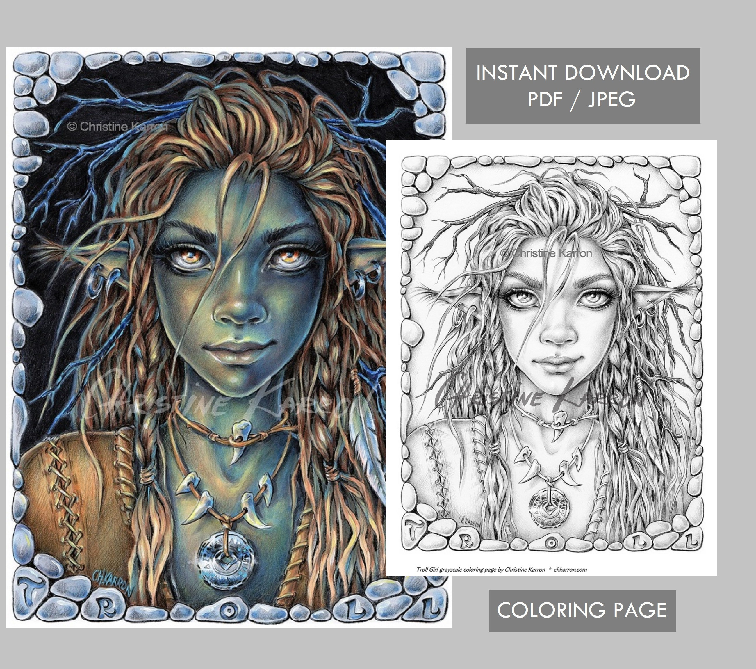 Troll girl coloring page grayscale instant download printable file jpeg and pdf