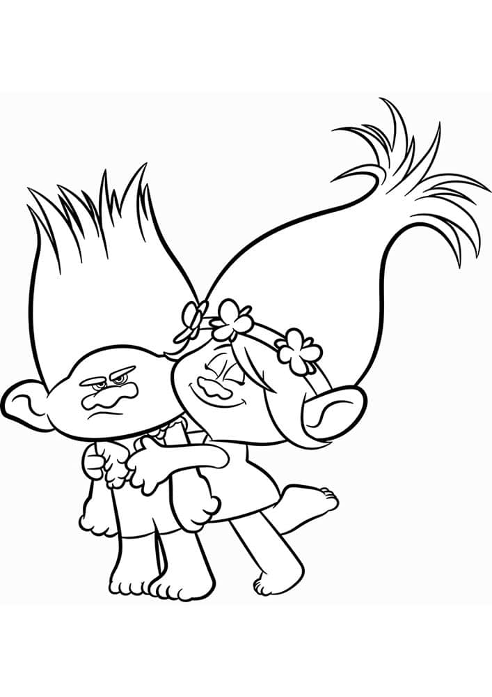 Cute drawing of trolls hugging coloring page