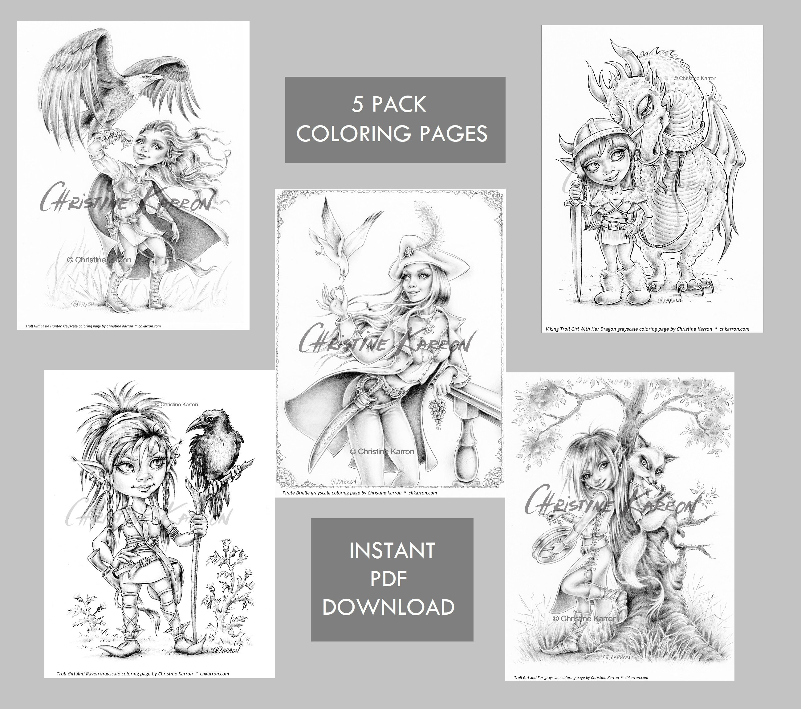 Troll pirate girls fantasy fairytale pack grayscale coloring pages instant download pdf files