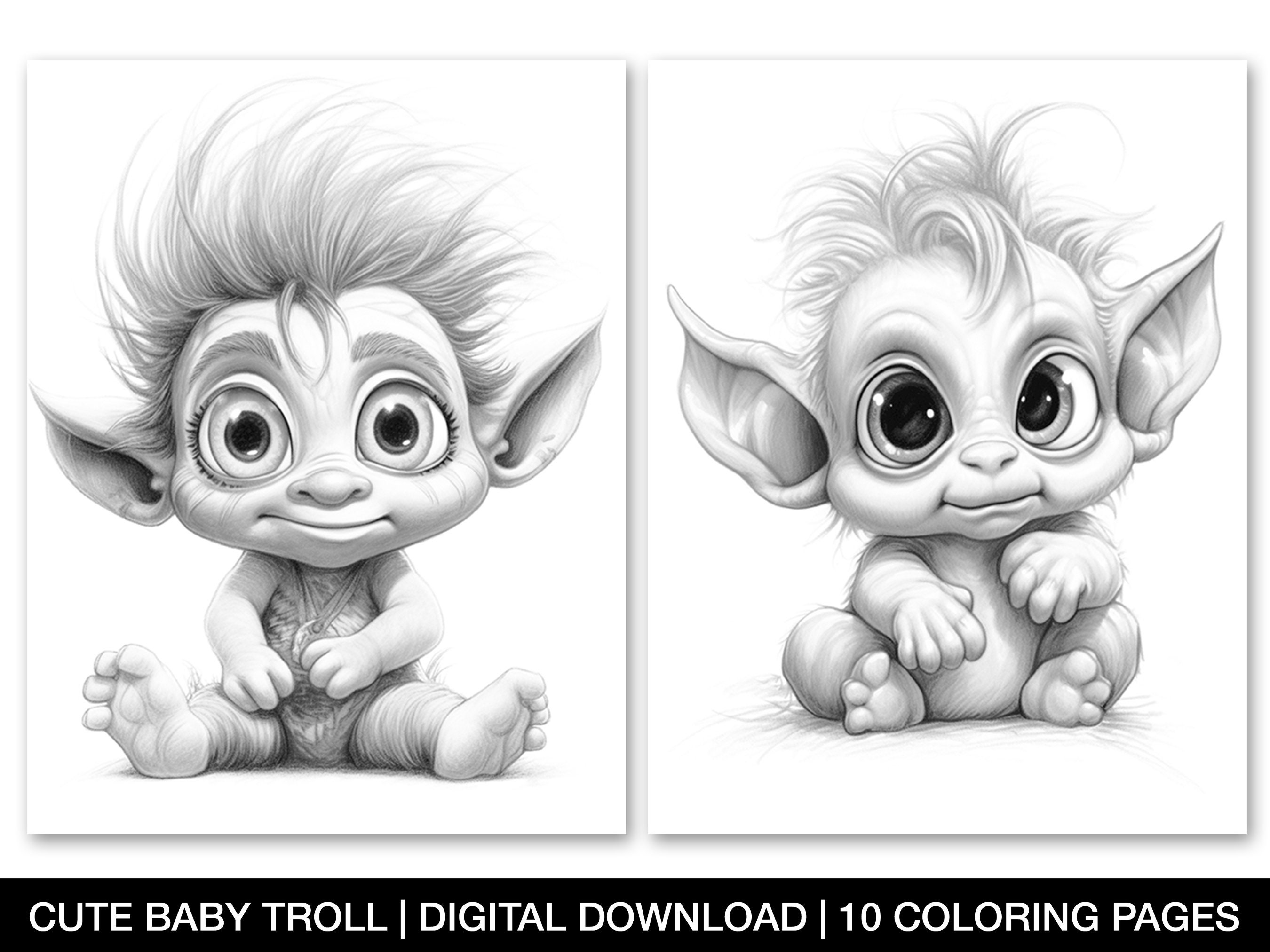 Cute troll baby digital coloring pages adults and kids colouring books instant download grayscale coloring page printable coloring book