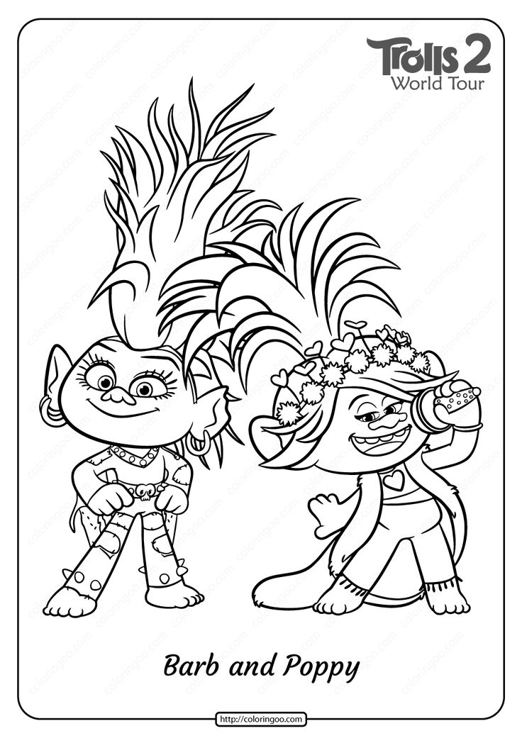 Printable trolls barb and poppy pdf coloring page poppy coloring page cartoon coloring pages monster coloring pages