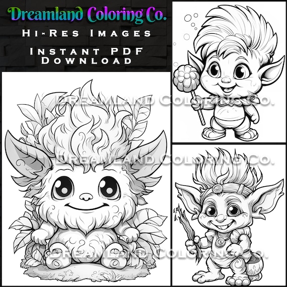 Cute baby kawaii style trolls coloring pages printable for adults kids coloring book instant download adorable troll birthday party fun