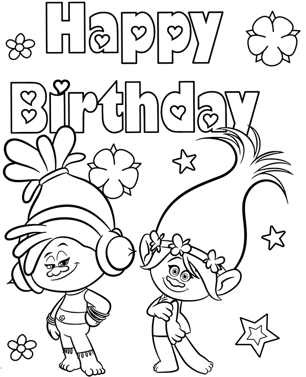 Trolls happy birthday coloring page