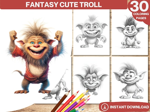 Fantasy cute troll coloring book printable adult kids coloring page grayscale colouring books digital instant download printable pdf