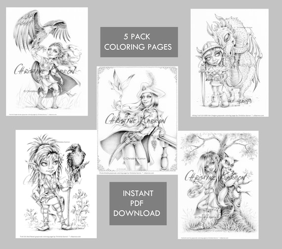 Troll pirate girls fantasy fairytale pack grayscale coloring pages instant download pdf files