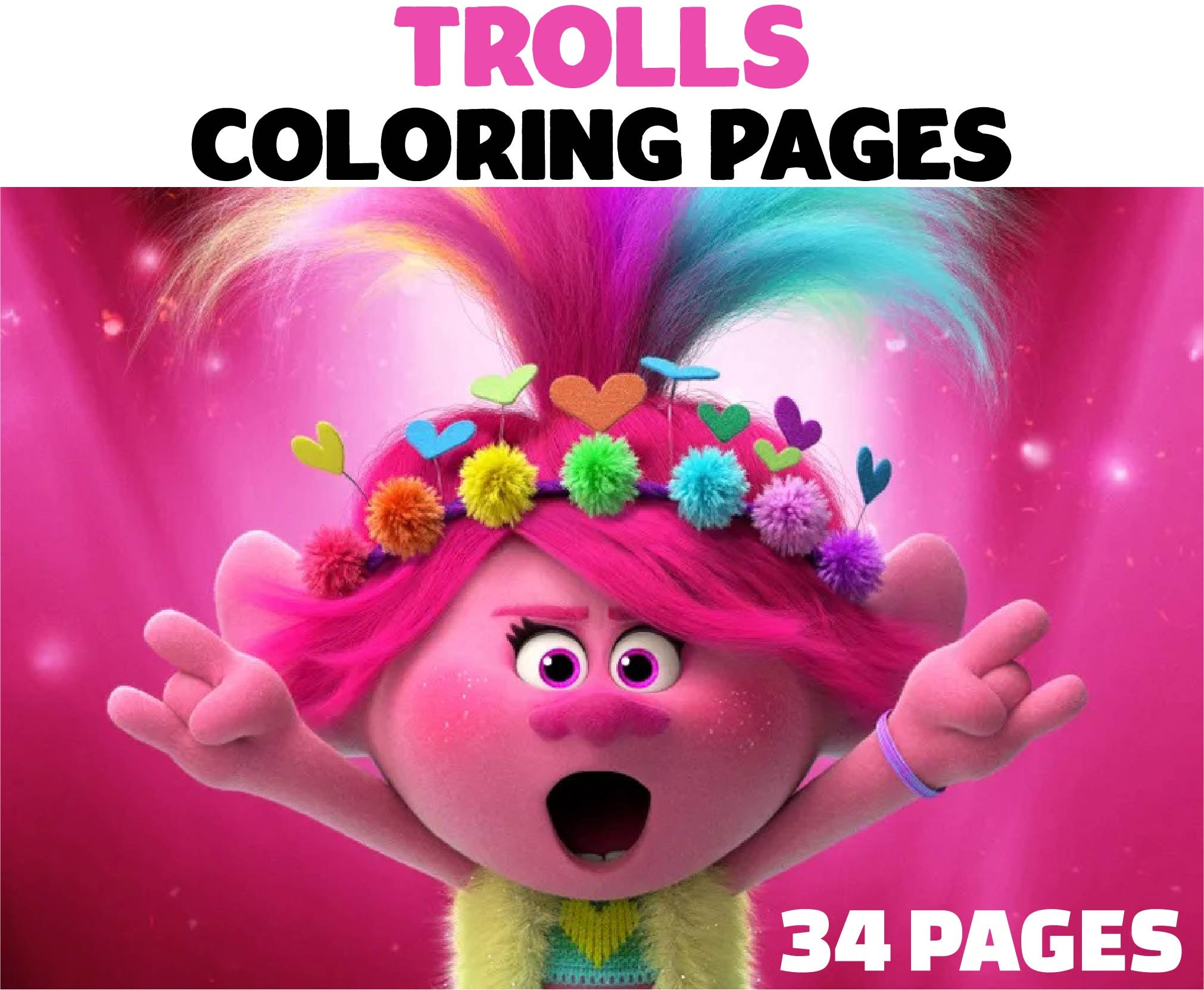 Trolls coloring pages adults kids coloring pages instant download grayscale coloring book printable pdf file