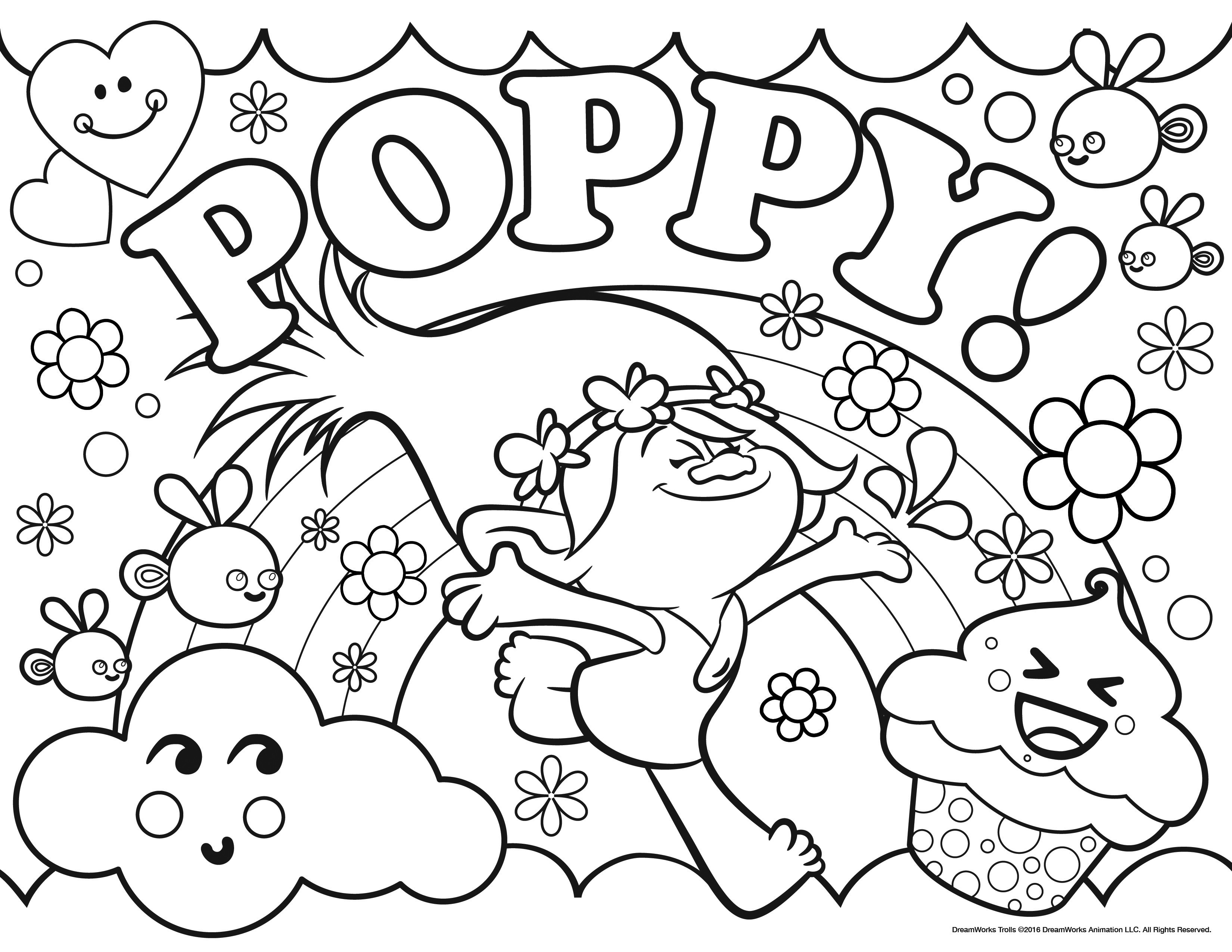 Beautiful trolls coloring page to print with princess poppy