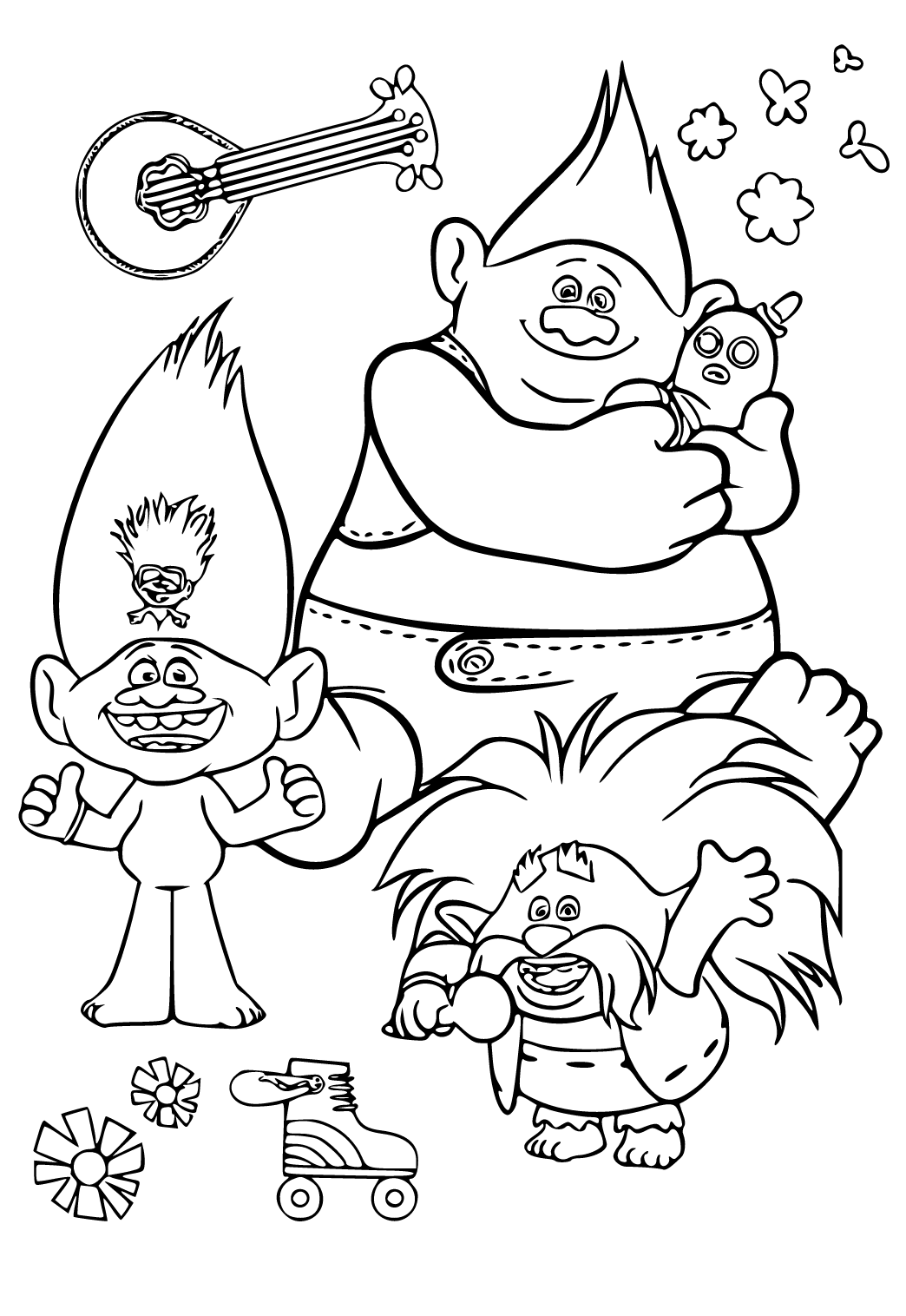 Free printable trolls world tour characters coloring page for adults and kids