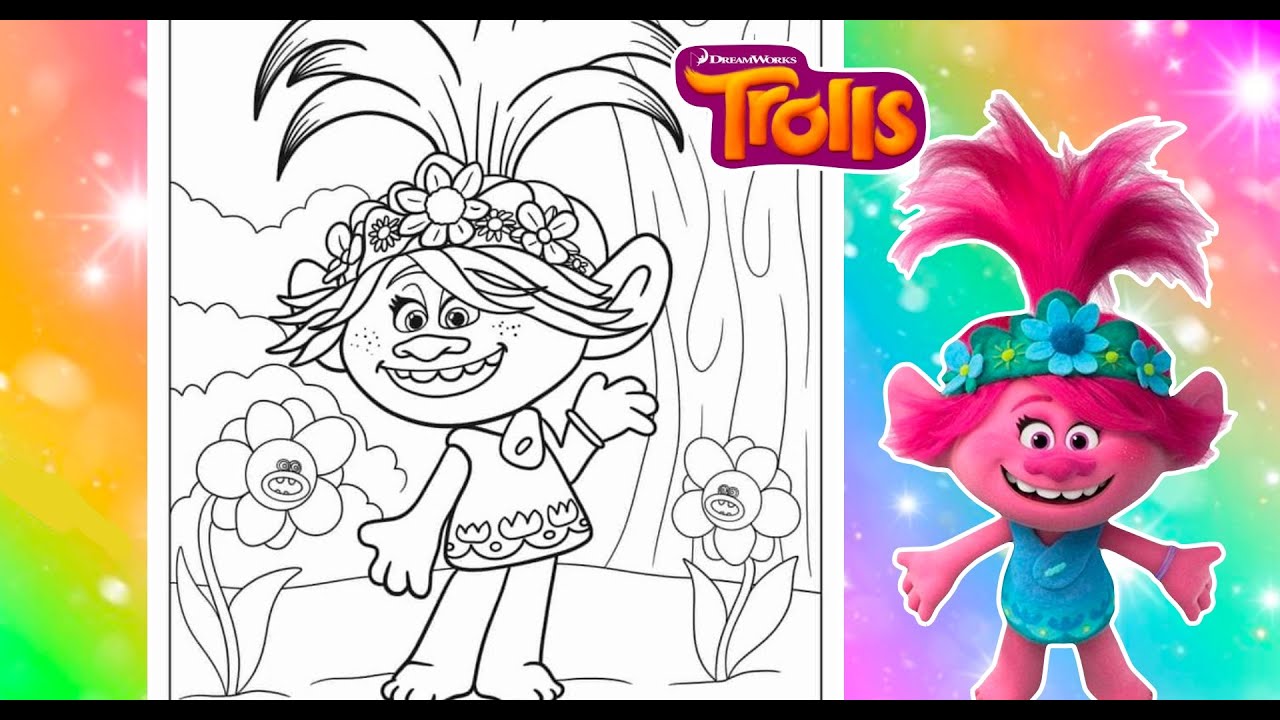 Dreaworks trolls world tour coloring page cute poppy trolls coloring book page