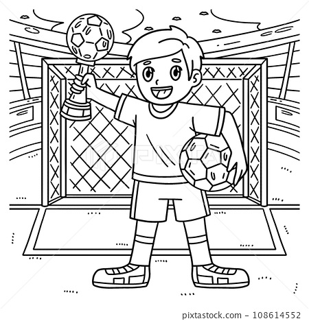 Boy with soccer trophy coloring page for kids