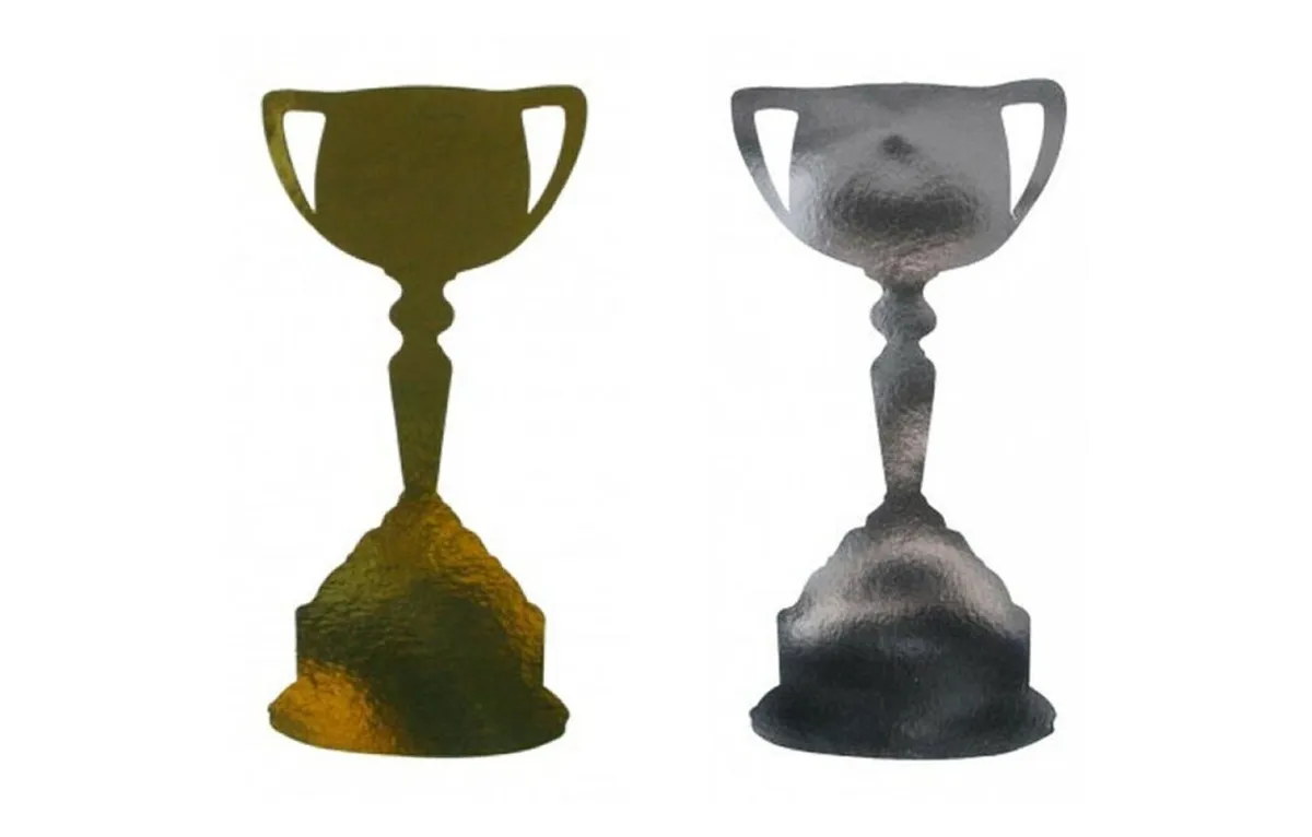 Trophy cup cut out in gold or silver cm double sided foil metallic board lg