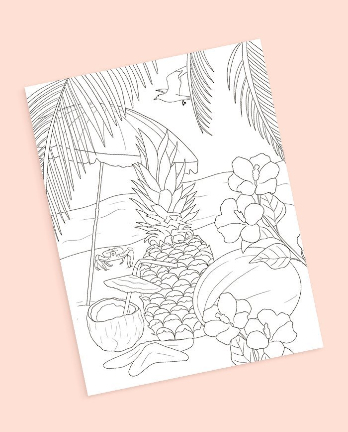 Free coloring page tropical beach diy digital download