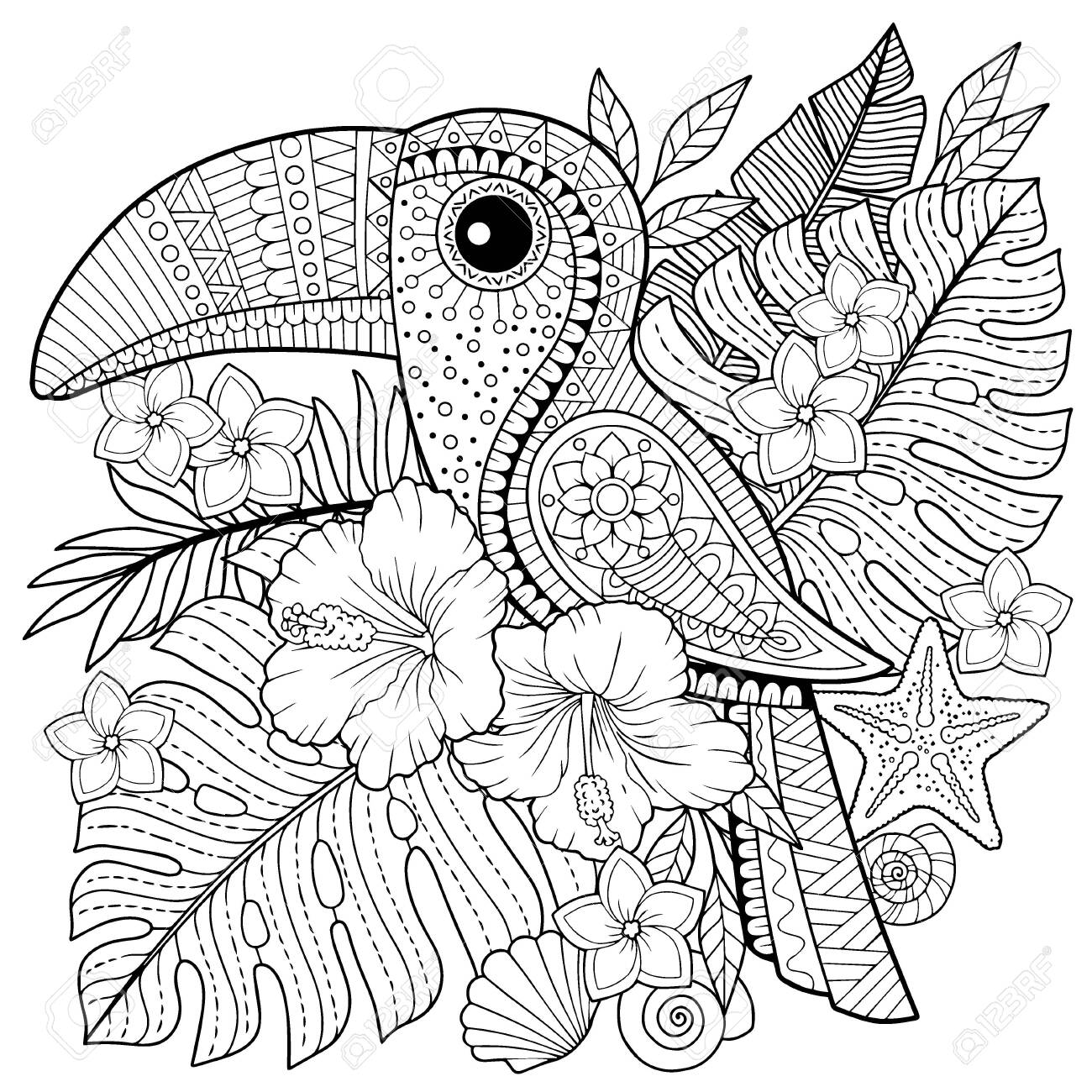 Coloring book for adults toucan among tropical leaves and flowers coloring page for relax and relif royalty free svg cliparts vectors and stock illustration image