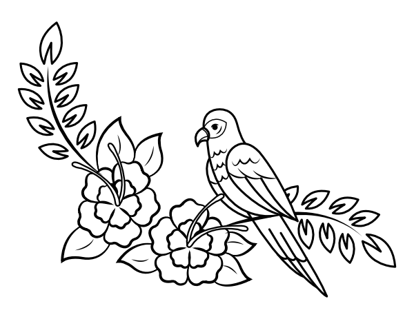 Printable tropical bird and flowers coloring page