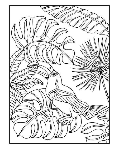 Premium vector sketch drawn toucan bird on the background of tropical leaves illustration for coloring book