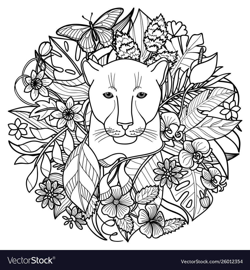 A panther and plants tropical coloring page vector image