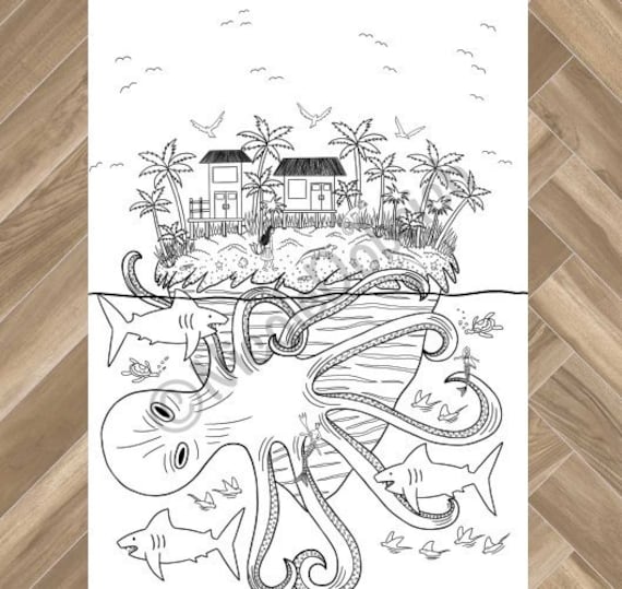 Octopus tropical island printable adult coloring page instant download adult coloring book instant print kids coloring page