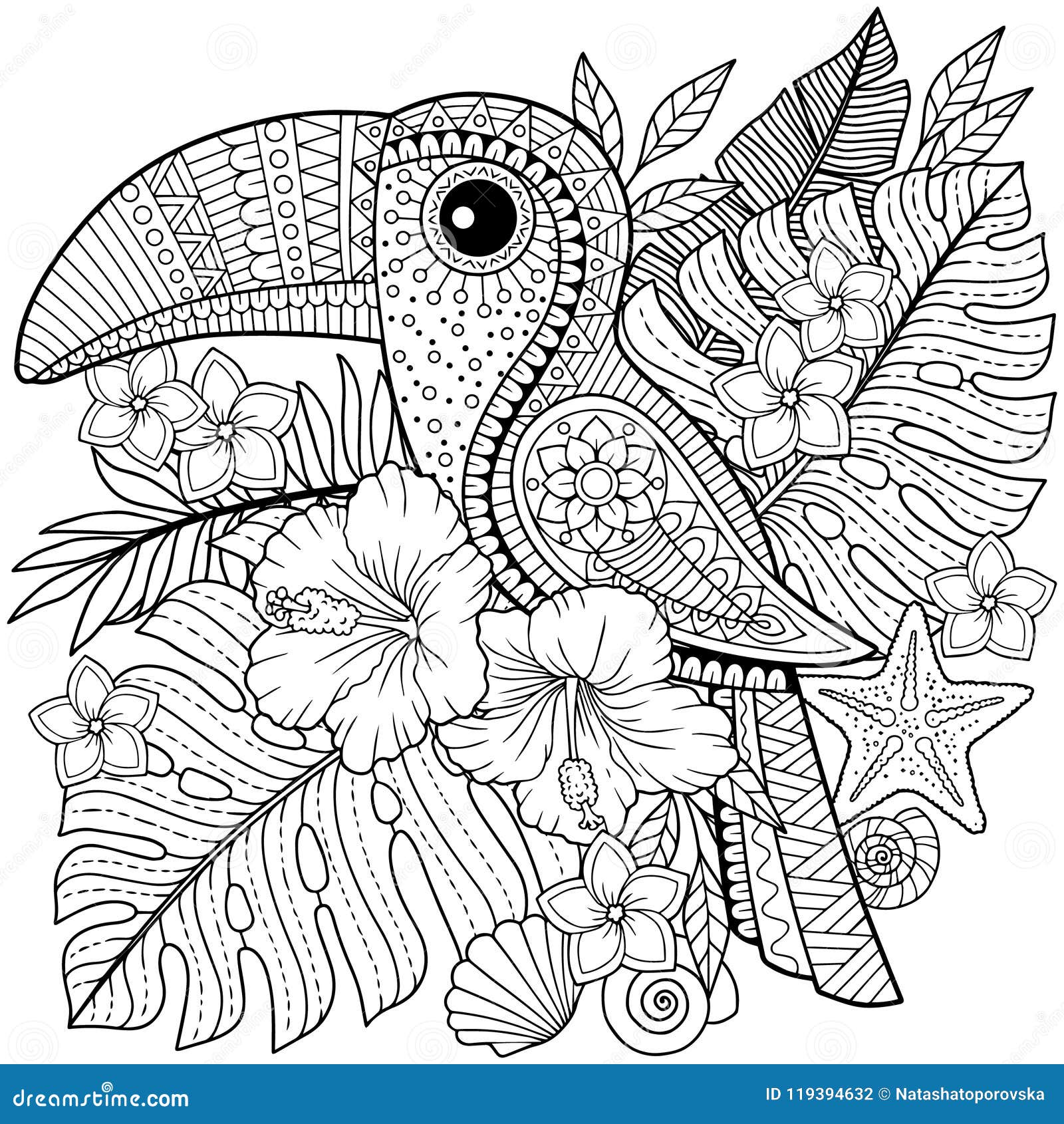 Coloring book for adults toucan among tropical leaves and flowers stock vector