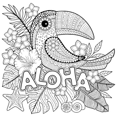 Coloring book for adults toucan among tropical leaves and flowers coloring page for relax and relif